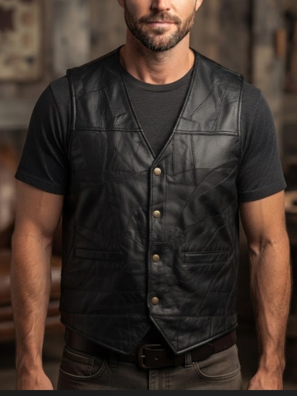 Giovanni Navarre Black Genuine Leather Patchwork Biker Vest Men’s Size Large